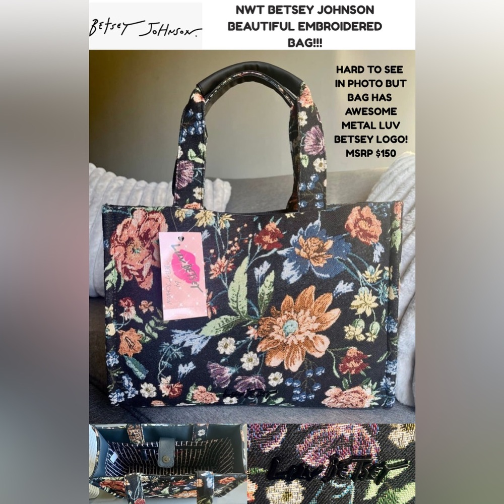 NWT BETSEY JOHNSON STUNNING FLORAL TAPESTRY BAG W/ AWESOME METAL LOGO!